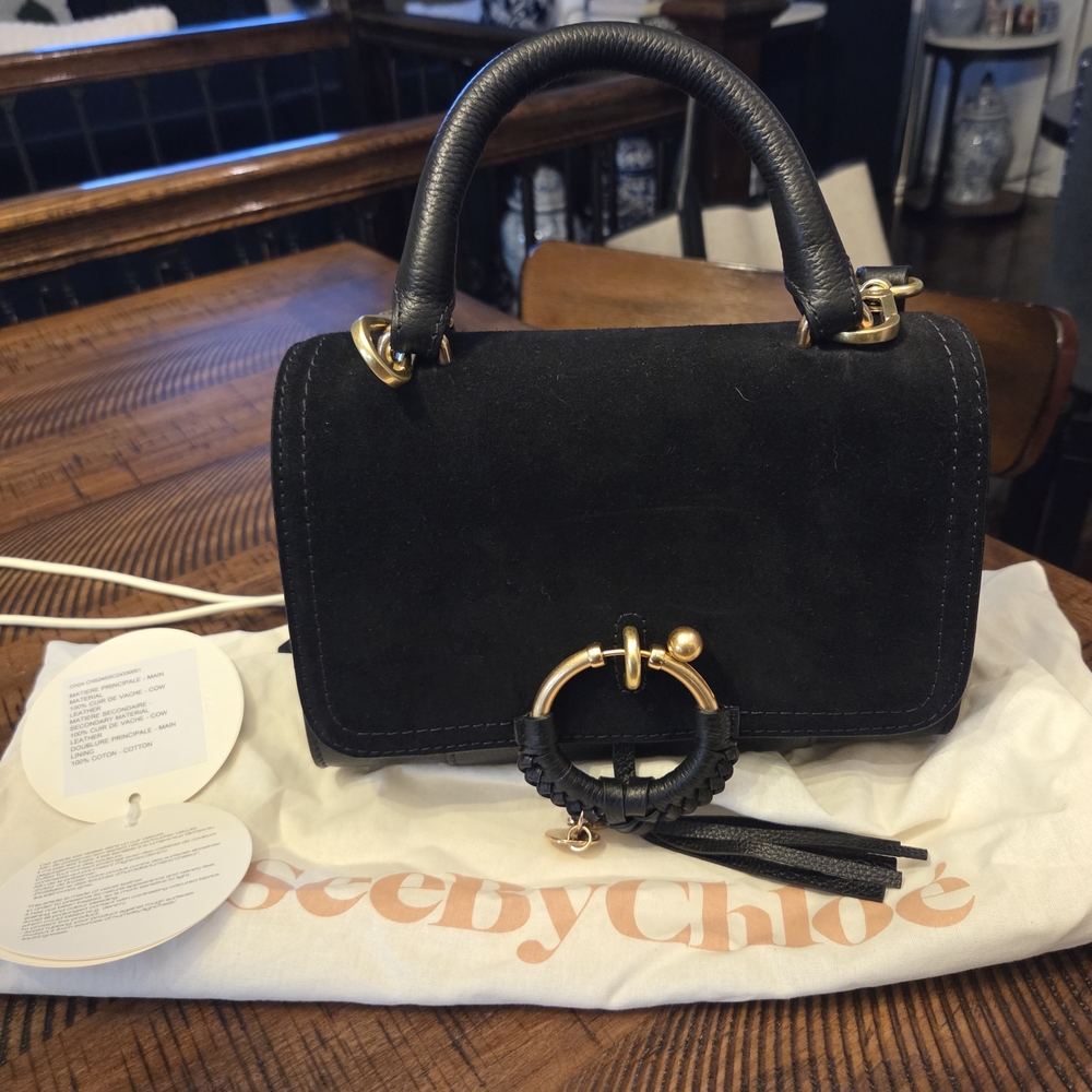New See By CHLOE Lady Like Leather Suede Elegant Black Handbag with Gold Accent